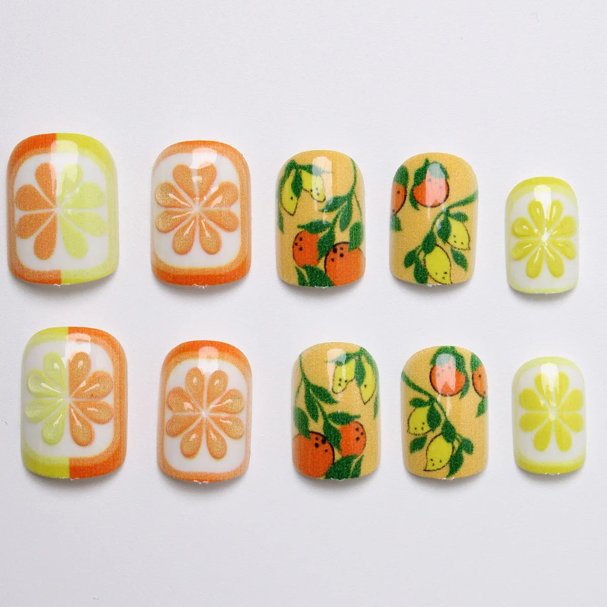 Short fake nail for women yellow orange colors with fruit printing Square nail tips full cover reusable press on false nail art