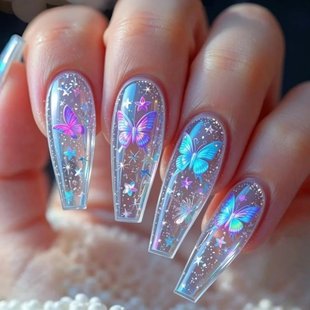 Medium Fake Nails for Women Gilrs Half Clear Ballet Nail Tips Gradient Purple Blue Butterfly Design Full Cover Press On Nail Set