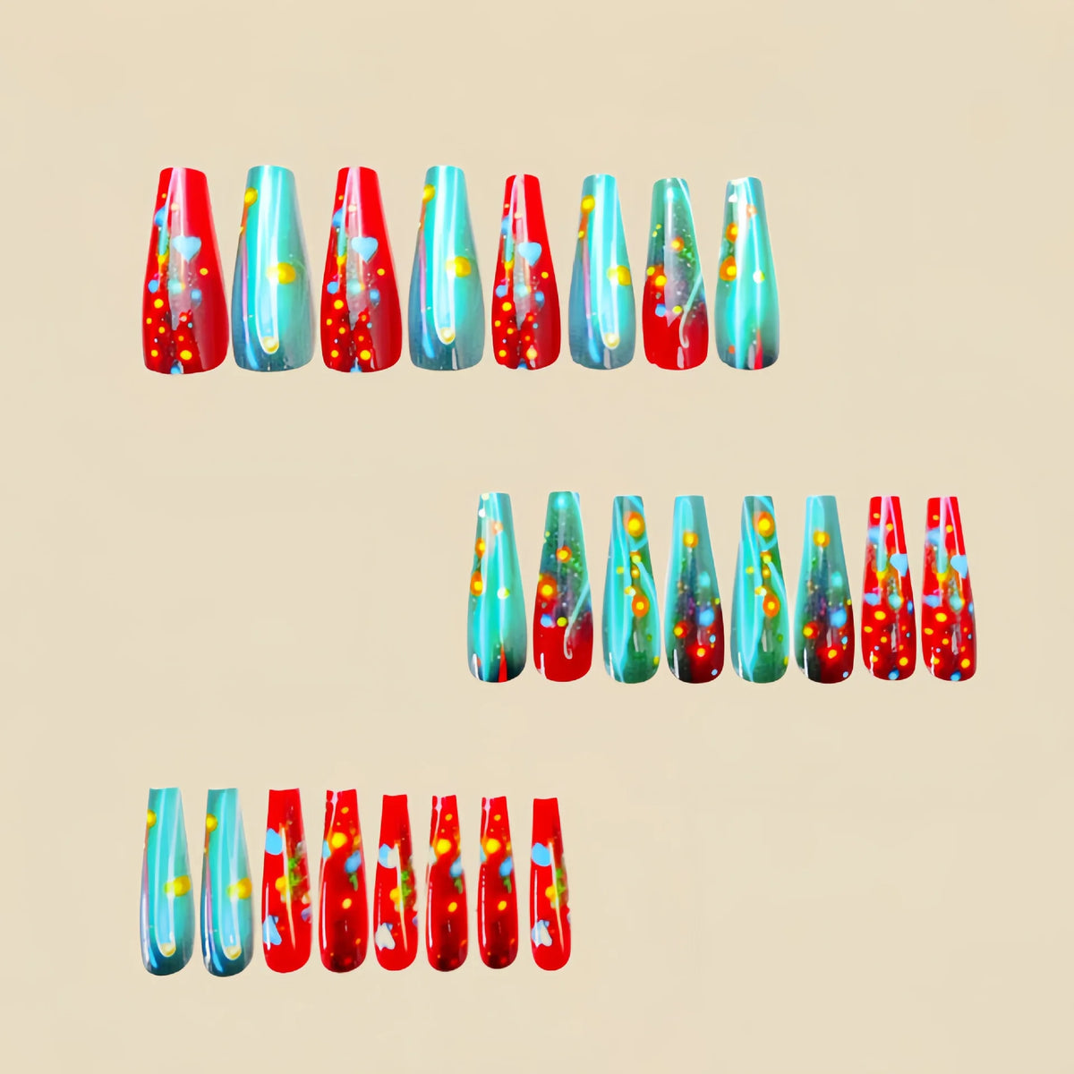 Long fake nails for women girls Y2K color gradient yellow red blue heart leopard print ballet tips full cover acrylic false nail