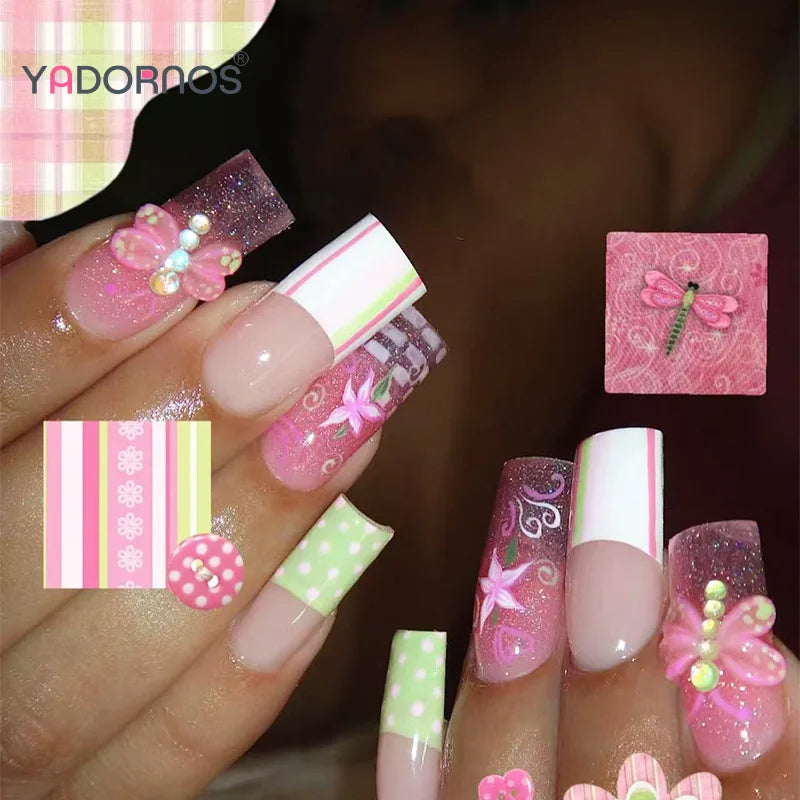 Pink Glitter Star & Bow Press-On Nails – Long Square, 24 Pcs