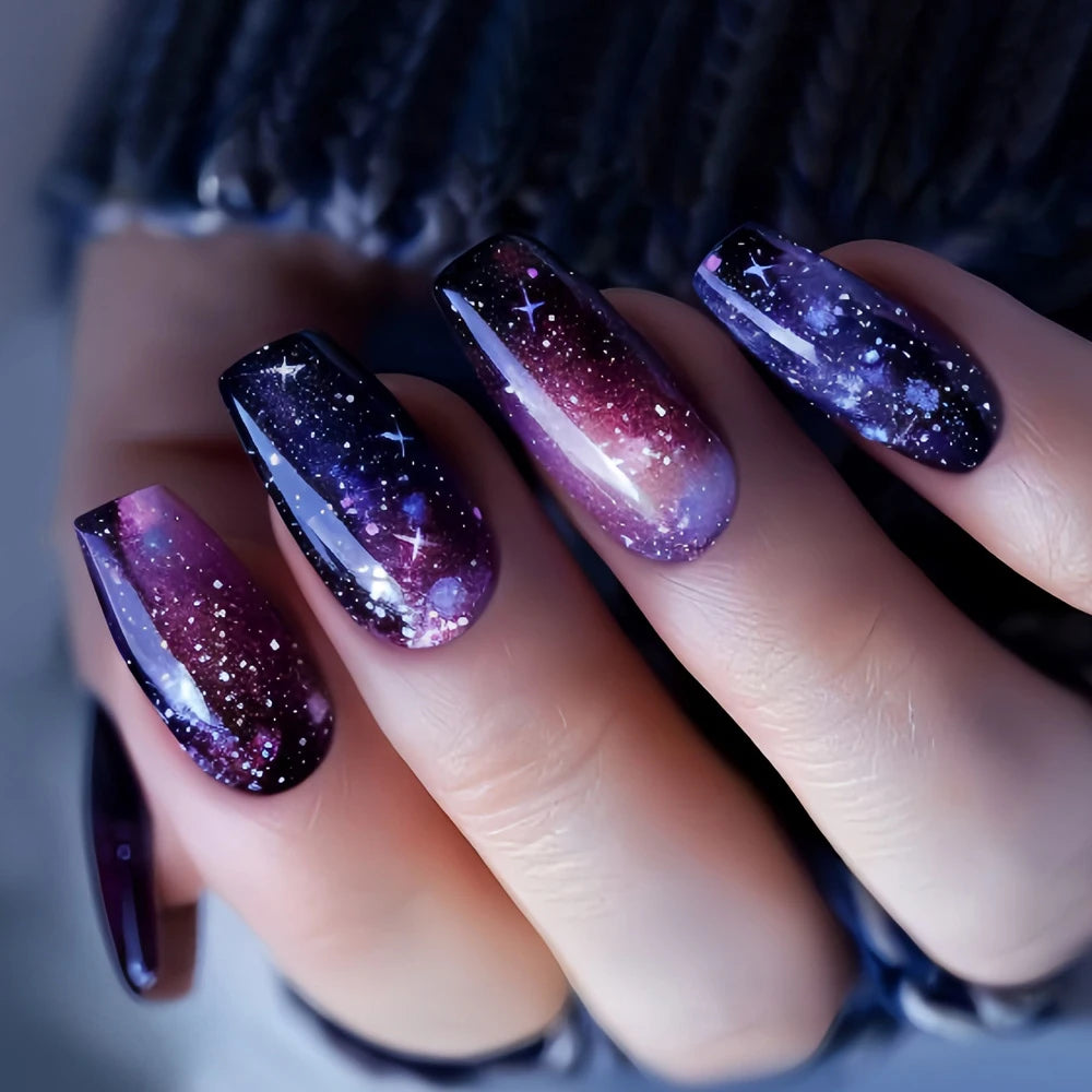 24pcs/set Gradient purple colors fake nails starry night sky glossy ballet shape nail tips full cover press on false nail set