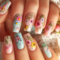 Medium fake nails for women Pink green yellow colors flowers butterfly printing square nail tips full cover press on false nail