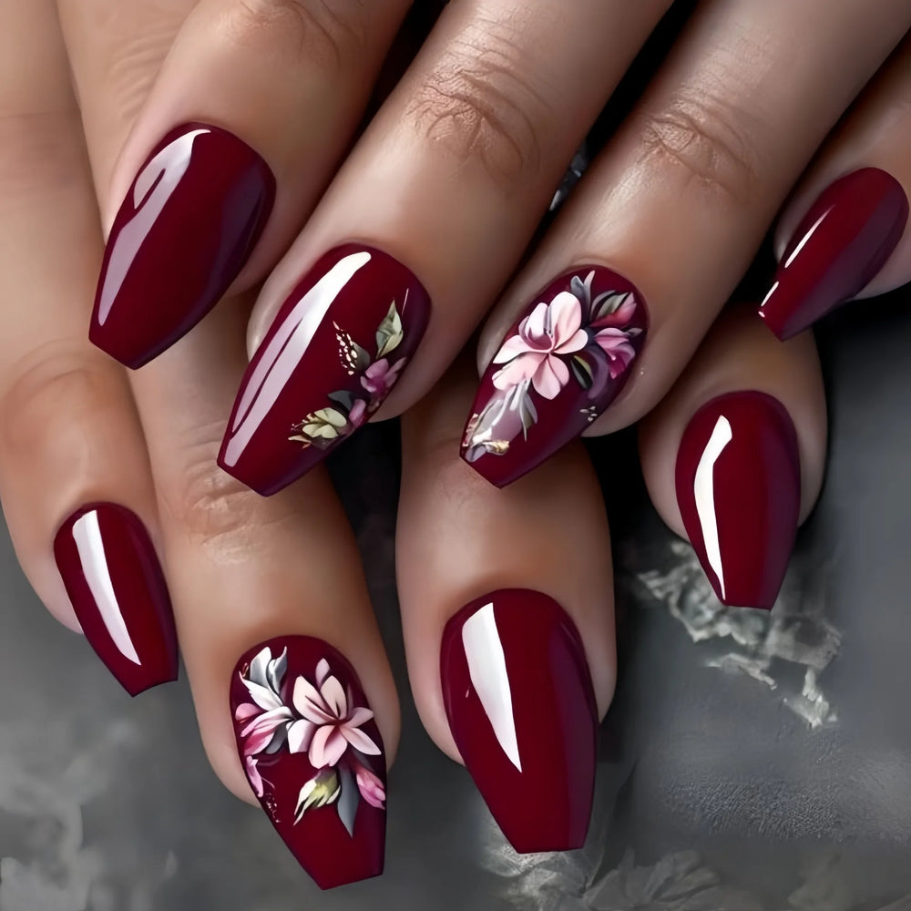 Pink Red Black Flower Valentine's Almond Ballet Press-On Nails – Medium Long