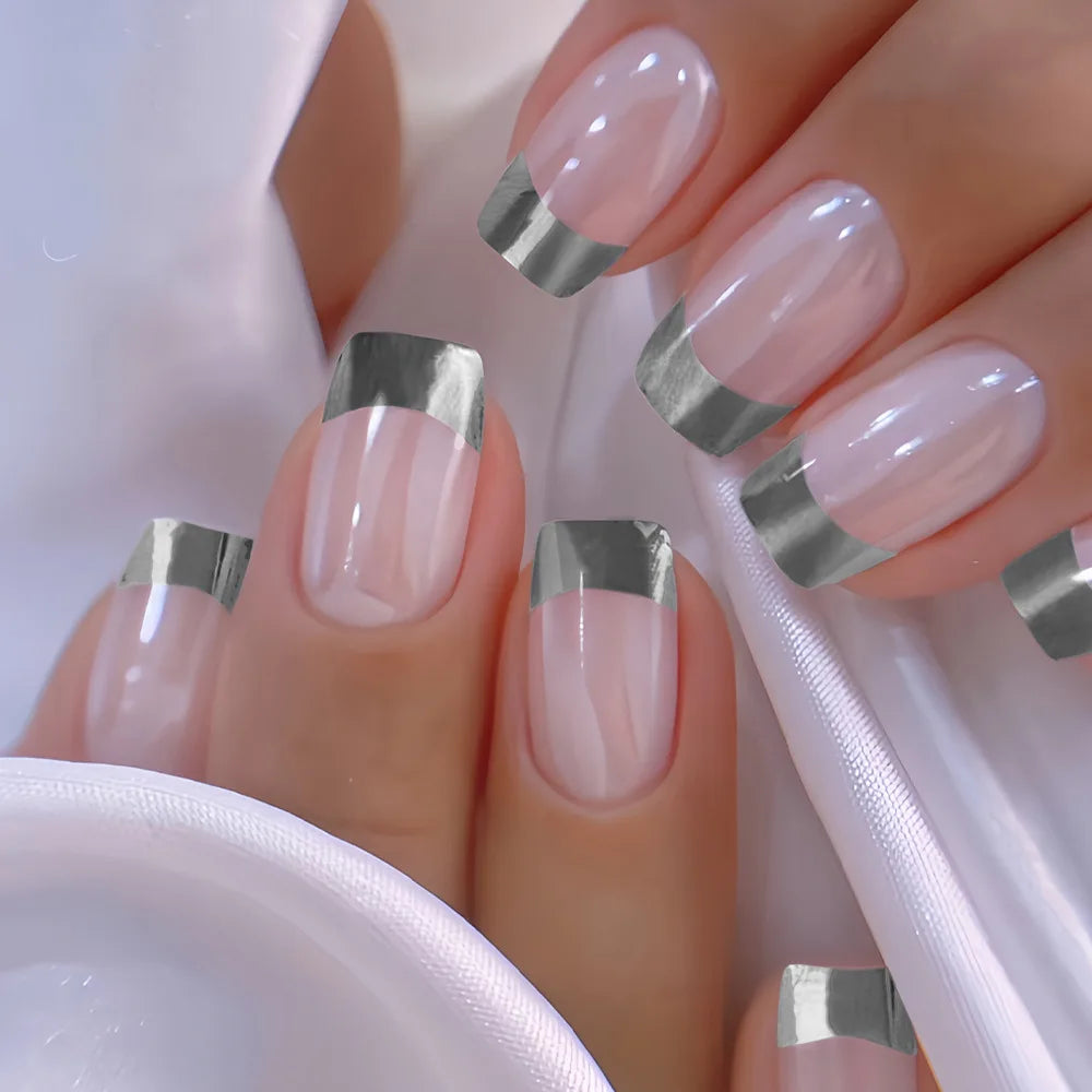 Medium fake nails for women Nude silver colors pear shimmer glossy square nail tips full cover reusable press on false nail