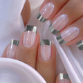 Medium fake nails for women Nude silver colors pear shimmer glossy square nail tips full cover reusable press on false nail