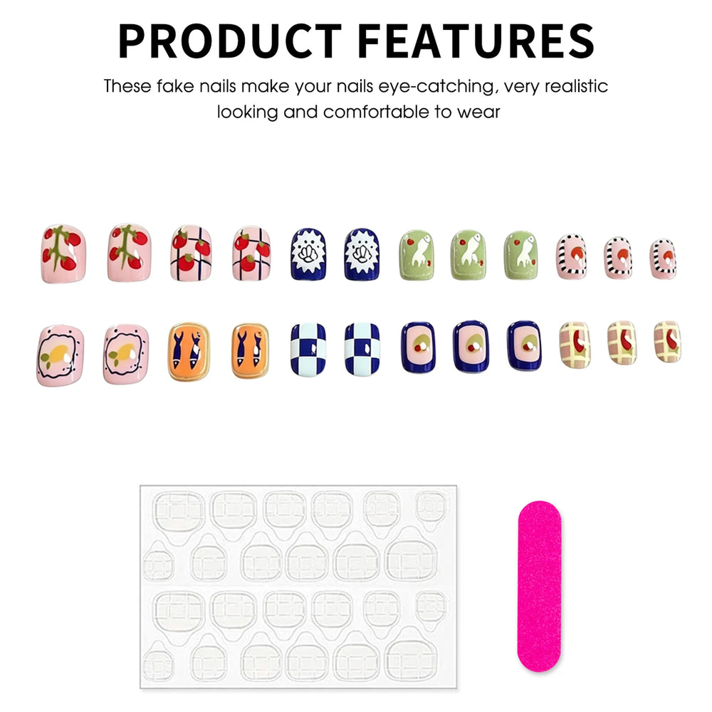 Kawaii Fruit & Fish Plaid Press-On Nails – Short Round, 24 Pcs