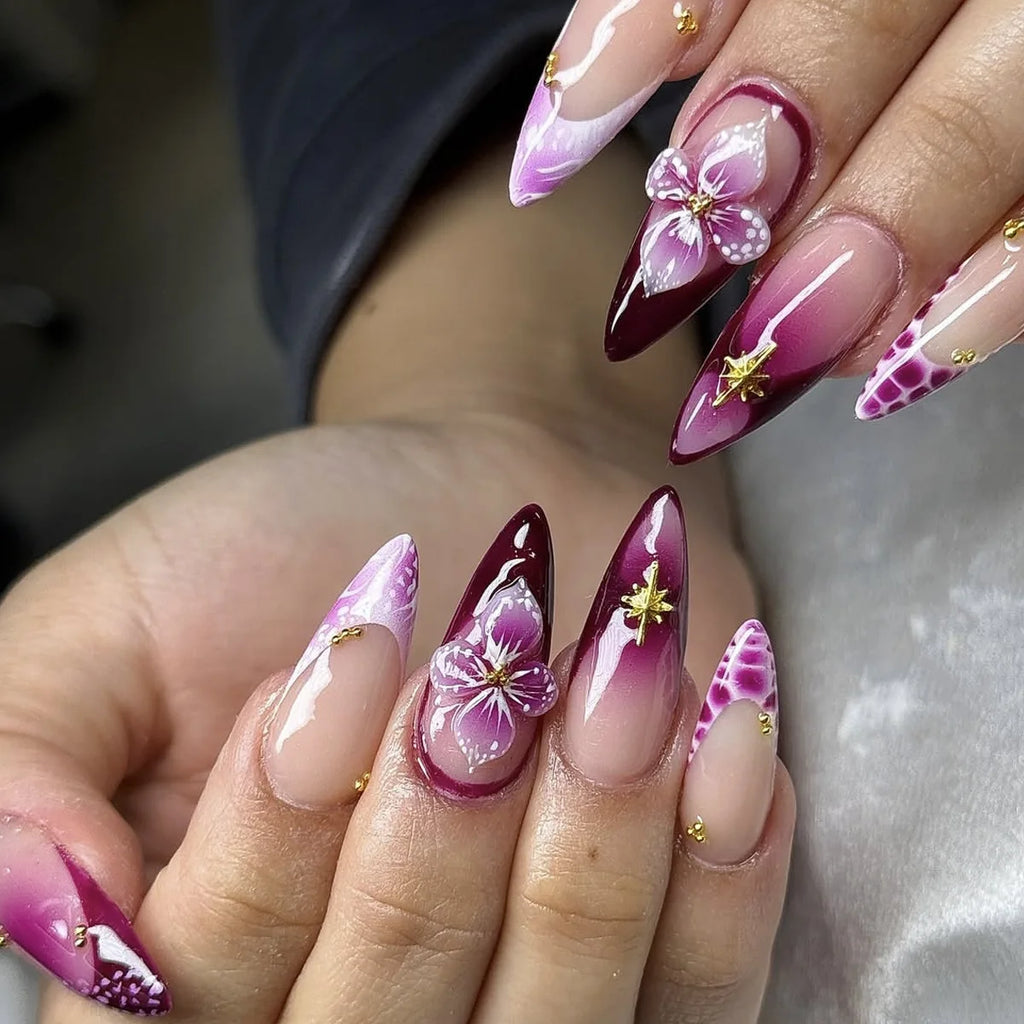 3D fake nails for women girls gradient pink red embossed flowers with golden rhinestones almond nail tips press on false nail