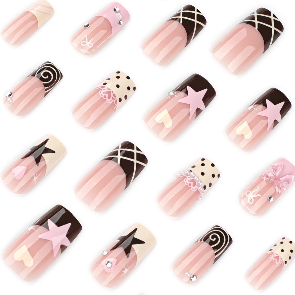 Star & Spiral Stripe French Bow Press-On Nails – Medium Square, 24 Pcs