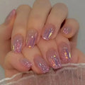 Short fake nails for women girls nude purple color with sparkling glitters in Square ballet shape full cover press on false nail
