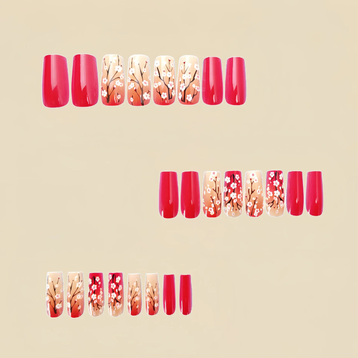 Short Medium fake nails for women girls pink red peach flowers for spring summer full cover square tips press on false nail art