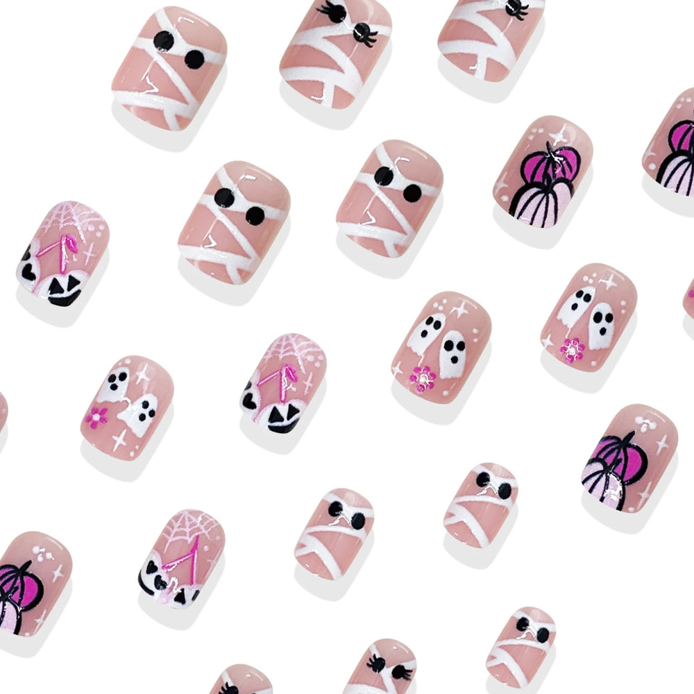 Pink Ghost & Pumpkin French Tip Press-On Nails – Short Square, 24 Pcs