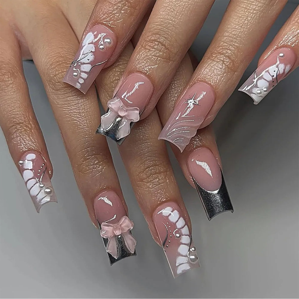 Nude Pink 3D Bow French Press-On Nails – Long Square, 24 Pcs
