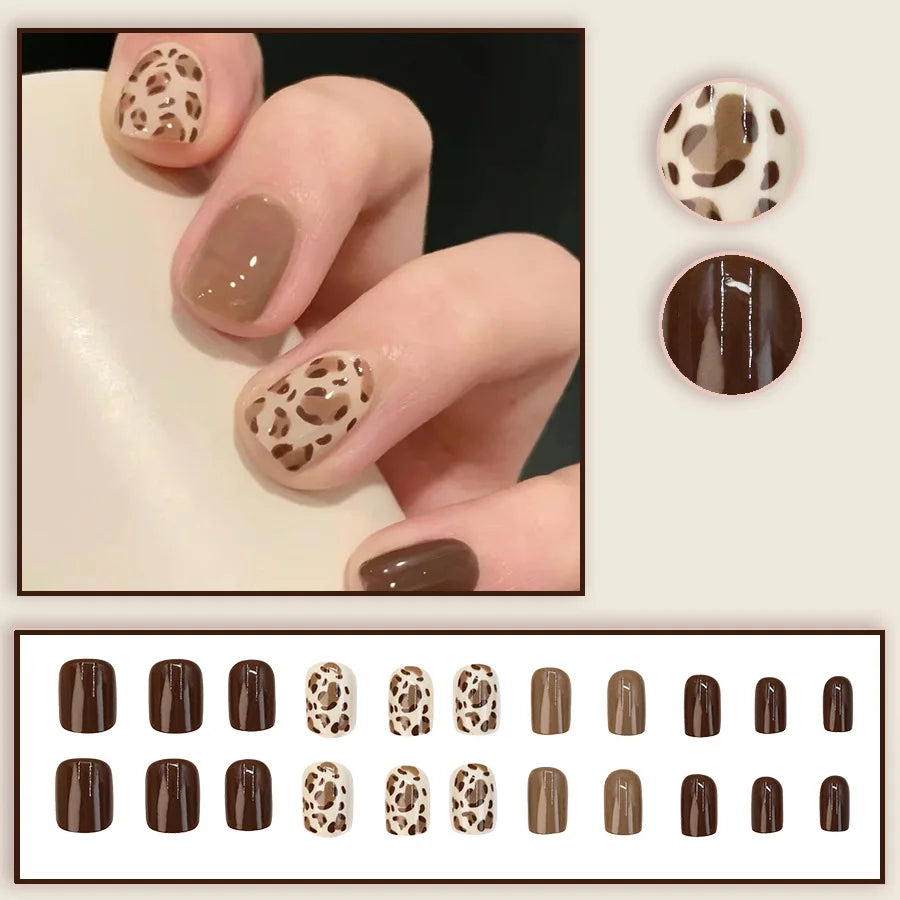 Short Medium fake nails for women girls nude brown black square nail tips with leopard print full cover press on false nail art