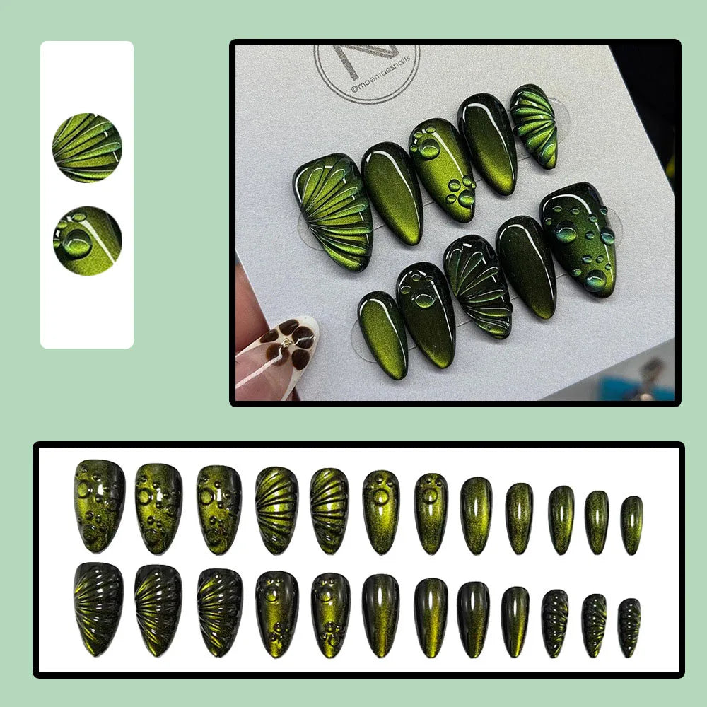 Medium Almond fake nails for women girls dark green cyan cat eyes 3D waterdrop design full cover press on acrylic false nail art