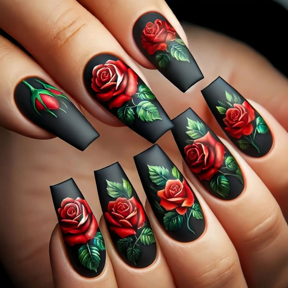 Red Rose Valentine's Press-On Nails – Matte or Glossy, Short/Medium Square