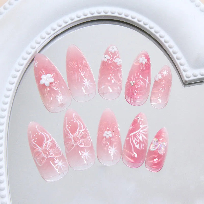 3D fake nails for women girls Gradient pink colors with flowers butterfly design almond nail tips full cover press on false nail