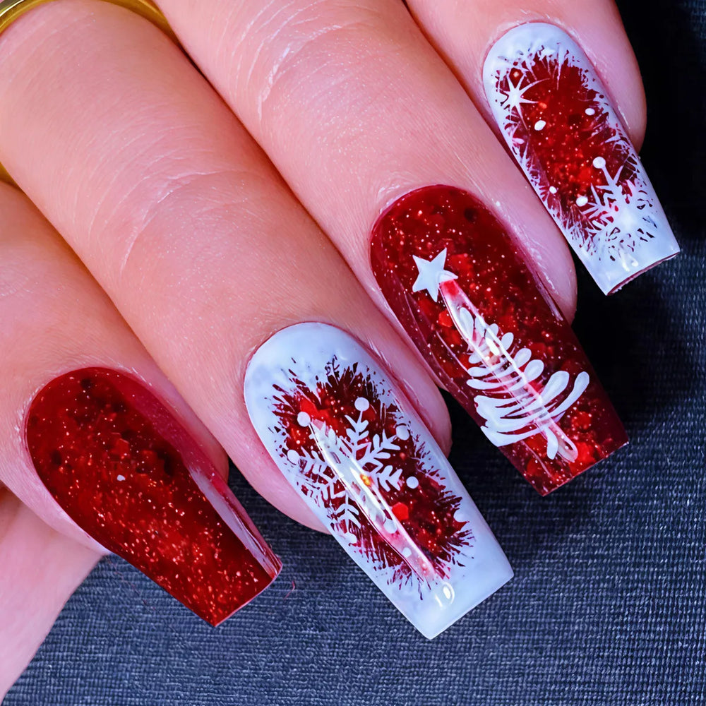 Christmas Tree, Snowflake & Snowman Press-On Nails – Medium Long Square, 24 Pcs