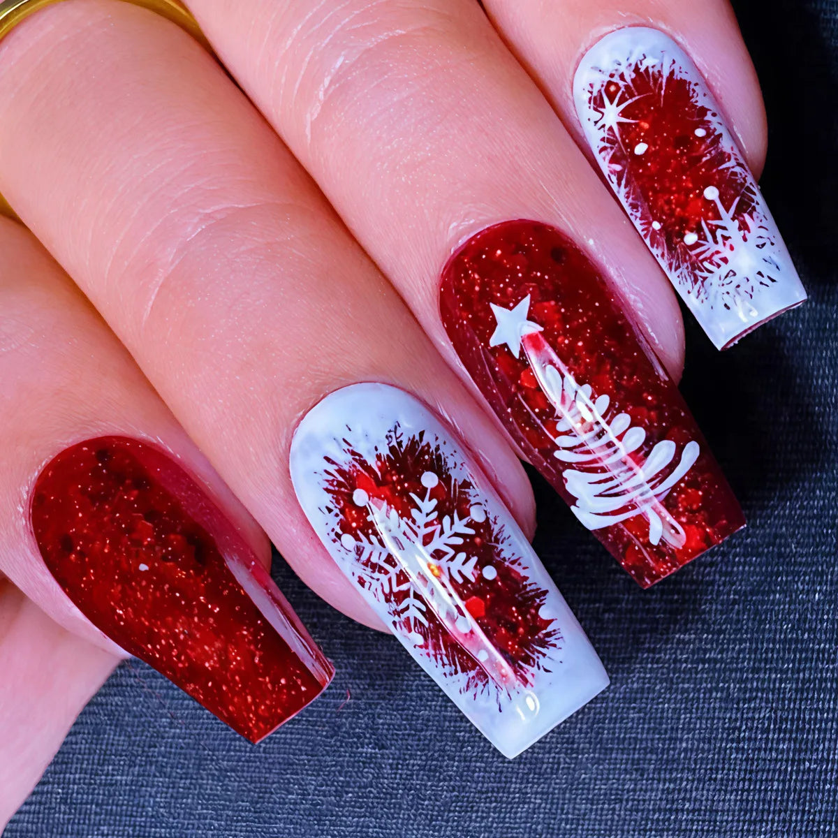 Medium long fake nails for Chirstmas party Square almond tips christmas tree snowflake gift snowman press on false nail art set