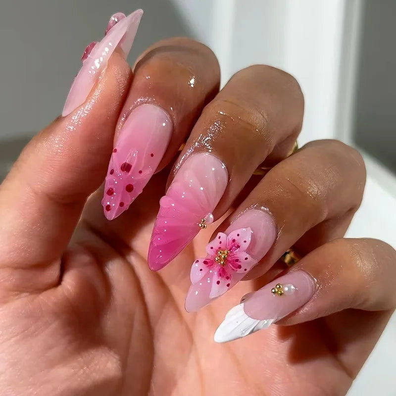 3D Embossed Flower Pearl Rhinestone Almond Press-On Nails – Medium, 24 Pcs