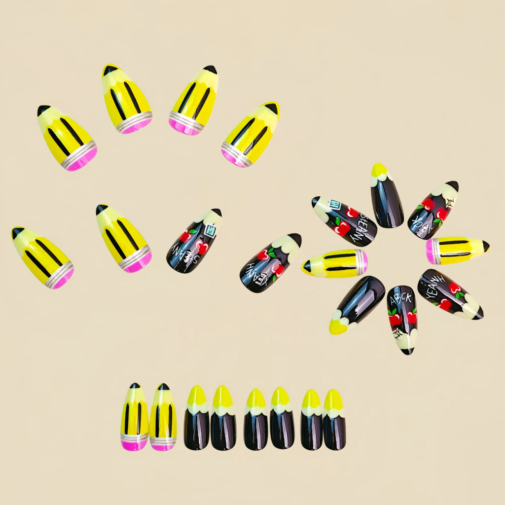 Medium fake nails for women girls Y2K Campus Pencil design black yellow purple pink blue almond nail tips press on false nail