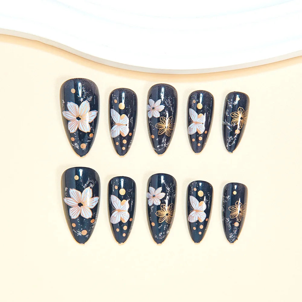 24pcs/set fake nails Glossy Navy Black almond nail tips with golden white flowers butterfly polka dots press on false nails art