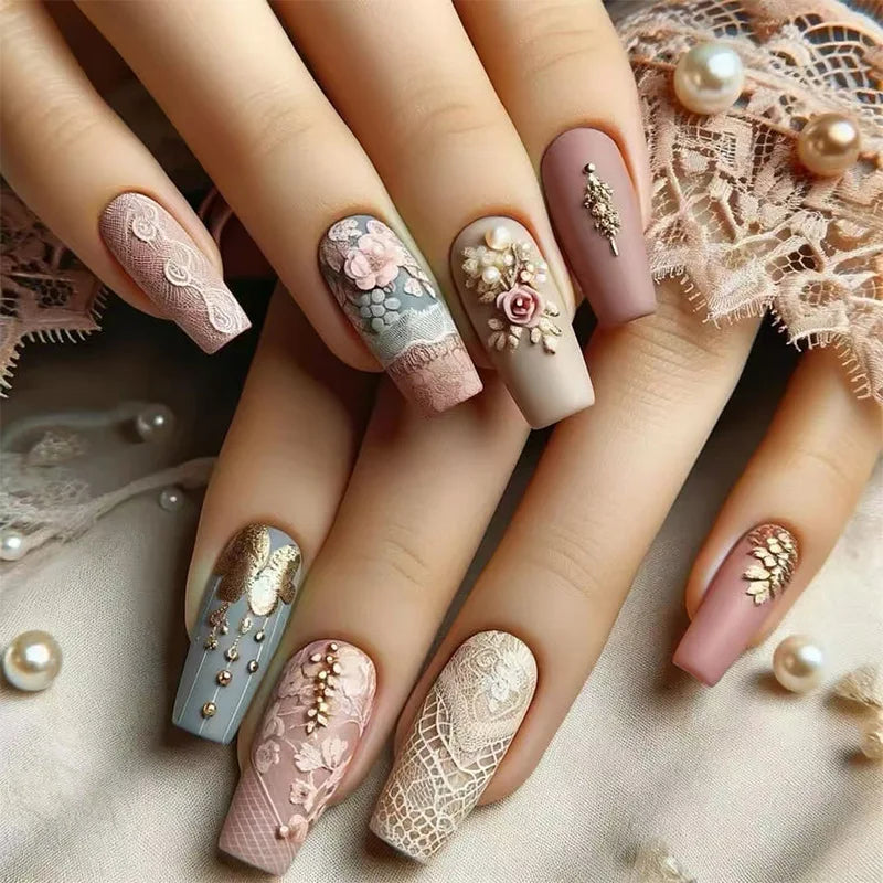24pcs/sest Short Medium fake nails for women girls colorful flowers Mushroom beach for Summer Autumn Press on false nail tips