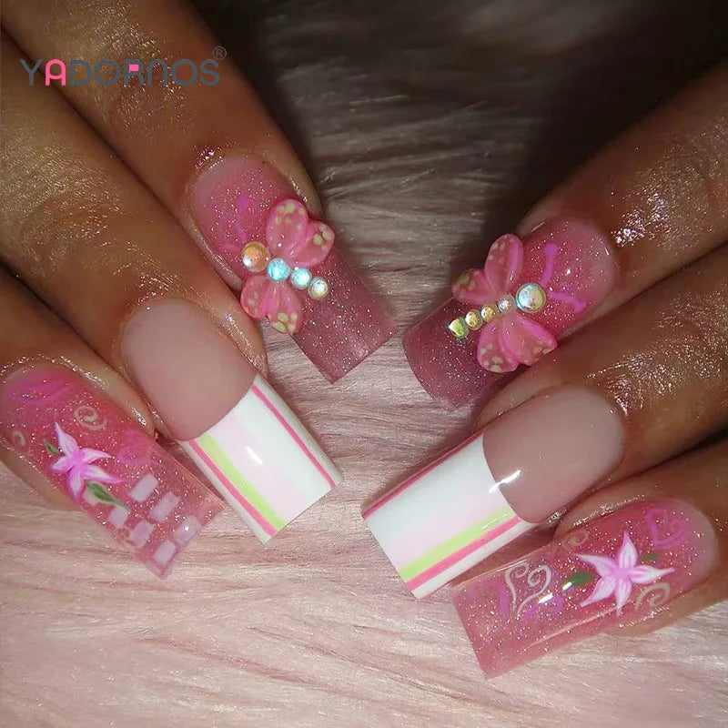 Pink Glitter Star & Bow Press-On Nails – Long Square, 24 Pcs