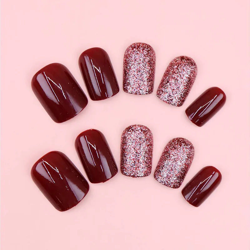 Short Medium fake nails for women girl wine red colors with glitters design Square nail tips Valentine'S Day press on false nail