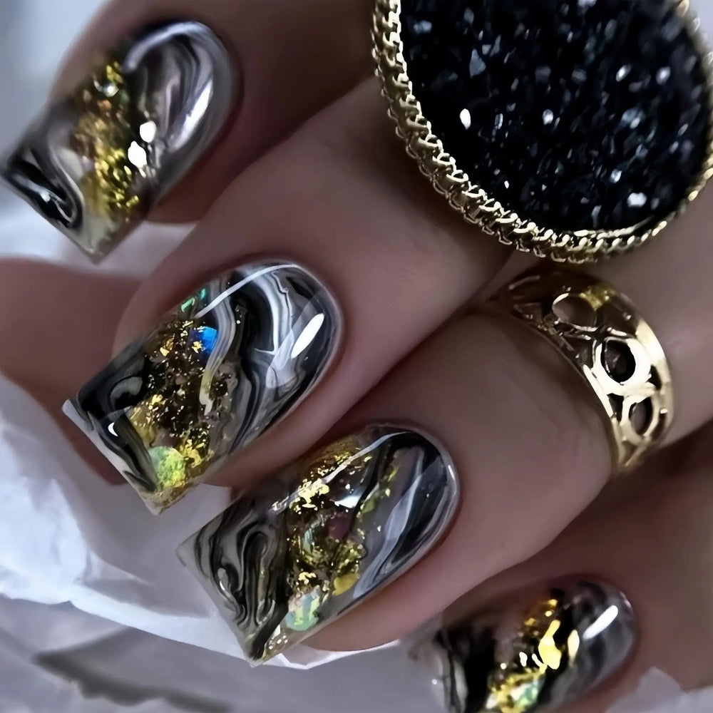 Pink Black White Marble Gold Foil Press-On Nails – Medium Square