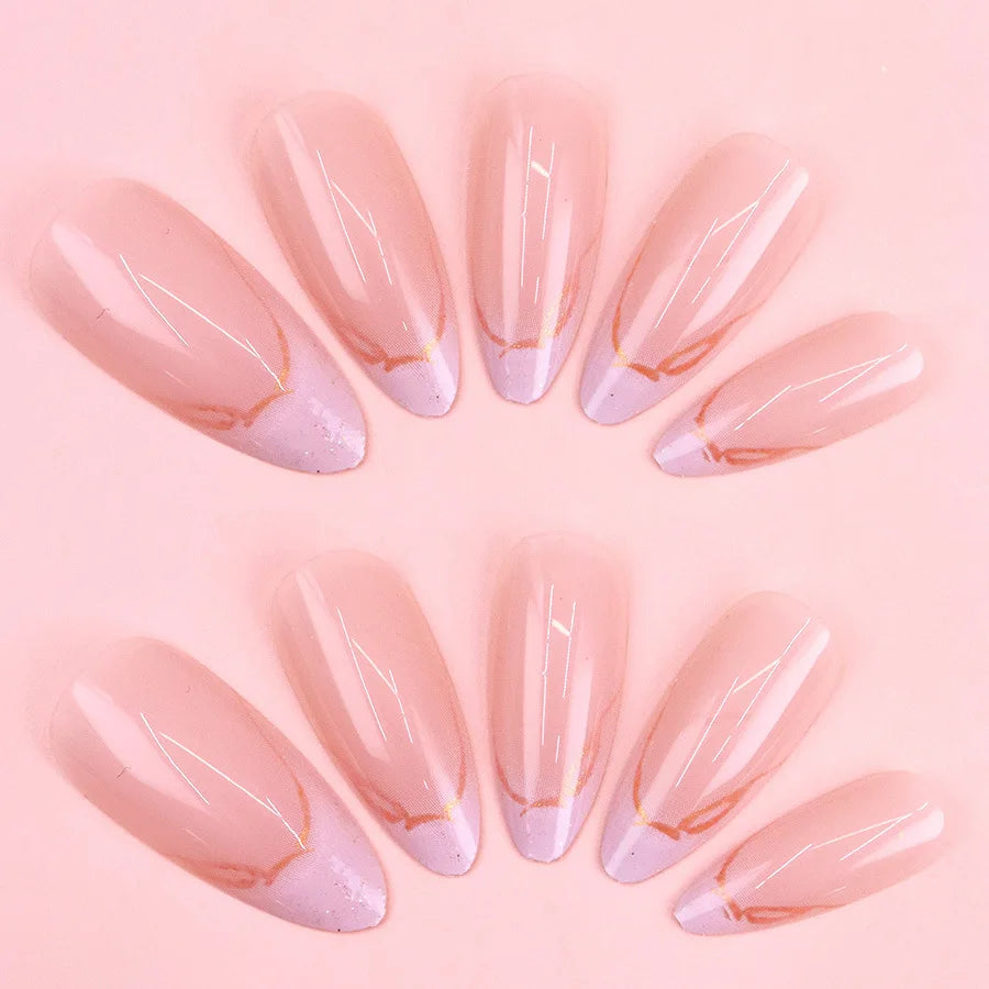 24pcs/set Medium fake nails for women girls almond nail art tips nude red french style golden strips press on false nail art