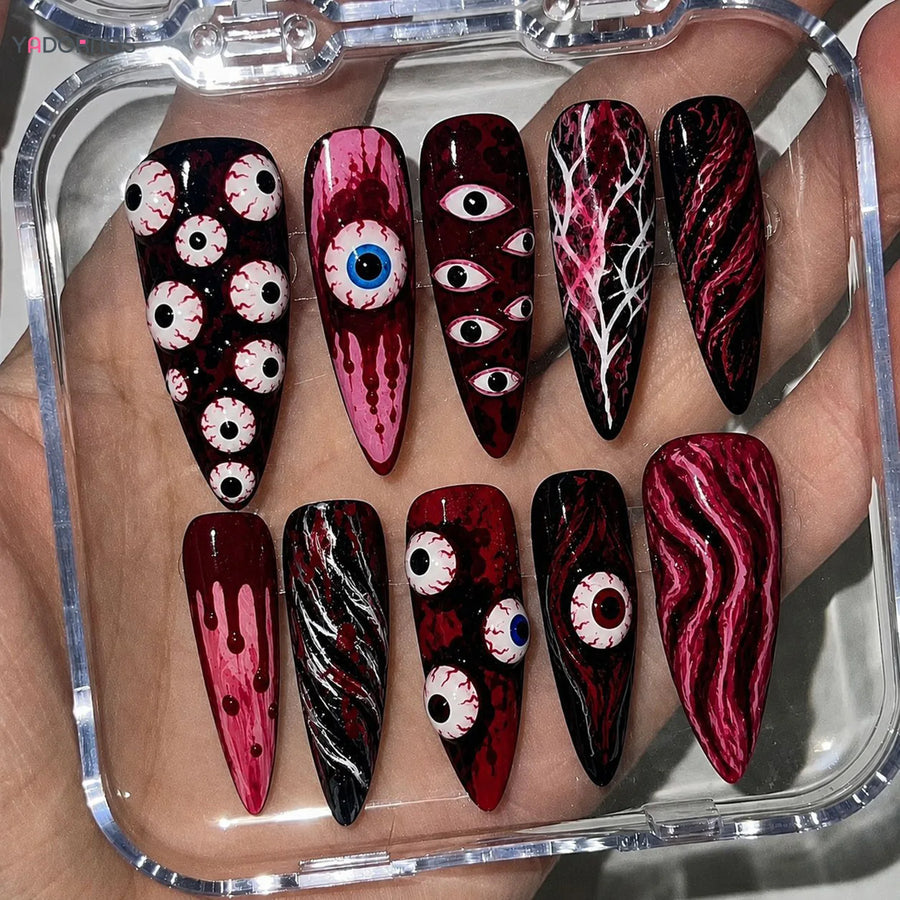 Blood Red Horror Eyeball Press-On Nails – Long Stiletto, 24 Pcs