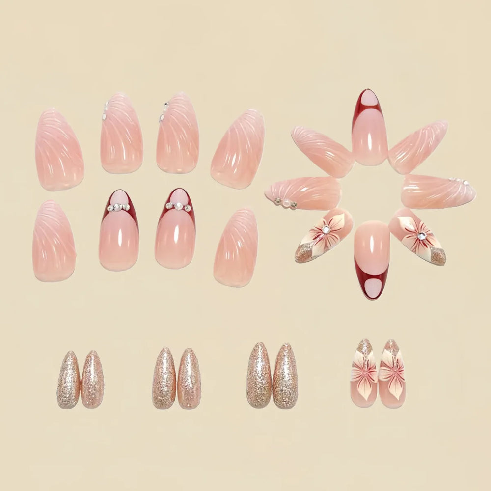 3D Flower Rhinestone Almond Press-On Nails – Grey Nude Brown Shimmer