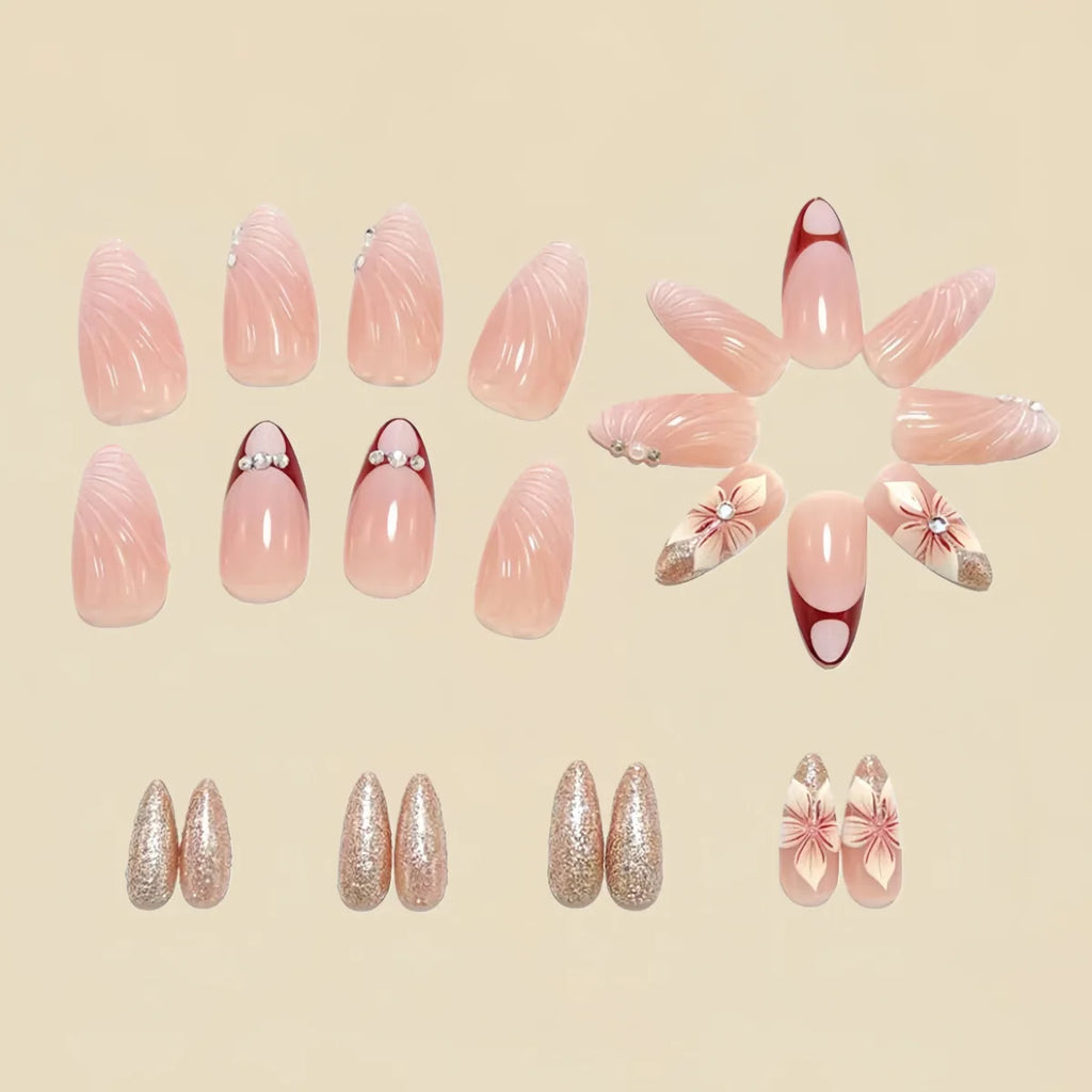 3D fake nails for women girls gradient grey nude brown shimmer almond nail tips flowers rhinestones design press on false nail