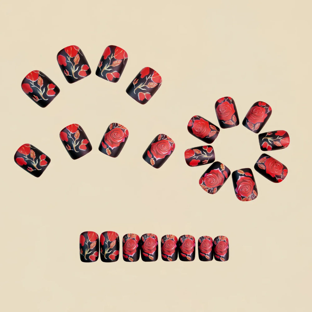 Red Rose Valentine's Press-On Nails – Matte or Glossy, Short/Medium Square