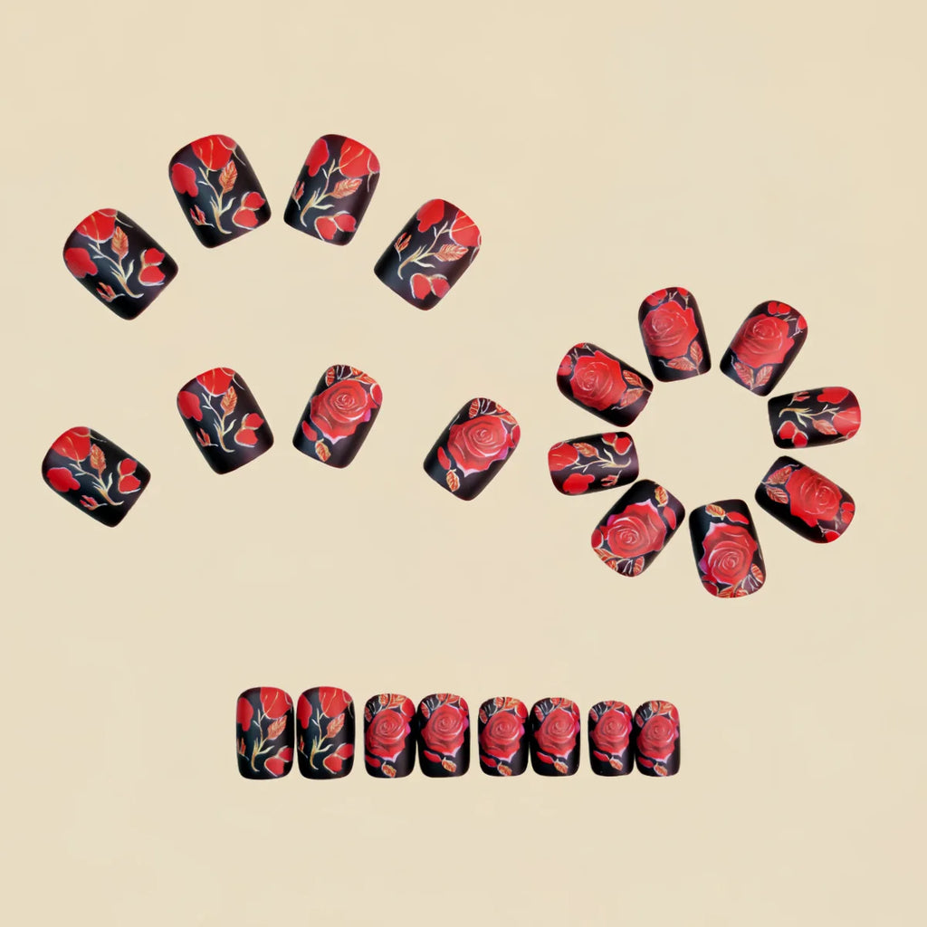 Short Medium fake nails for women girls red rose flowers for Valentine's Day matte glossy Square nail tips press on false nail