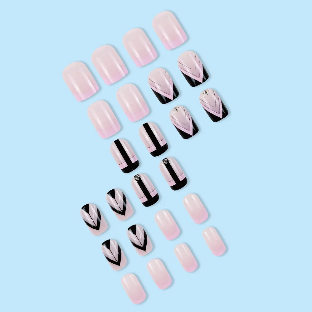 Short Medium fake nails for women gilrs Square almond nail art tips black pink white pattern with rhinestones press on nail art