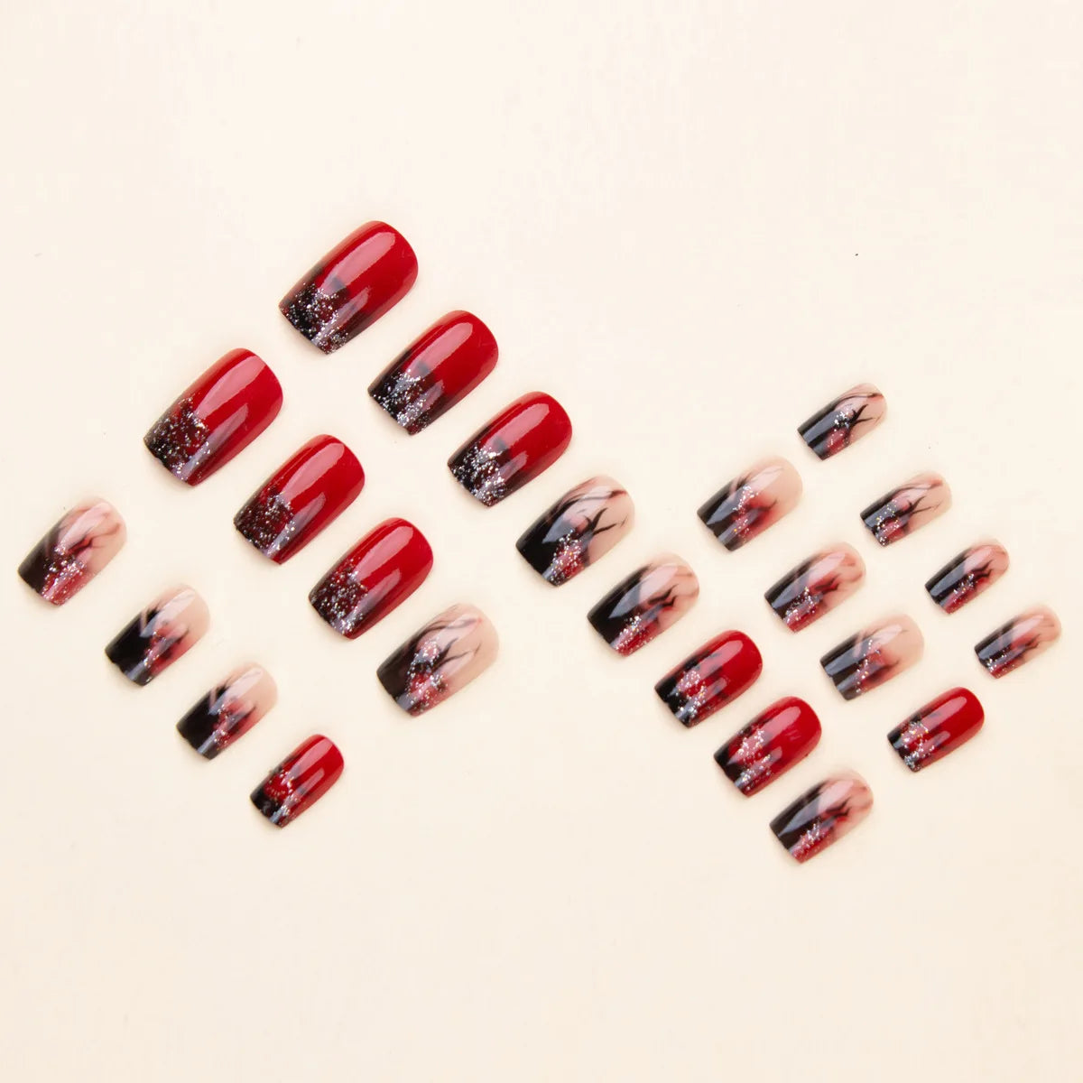 Short Medium fake nails for women Gradient red black colors flame glitters design square nail tips full cover press on nails art