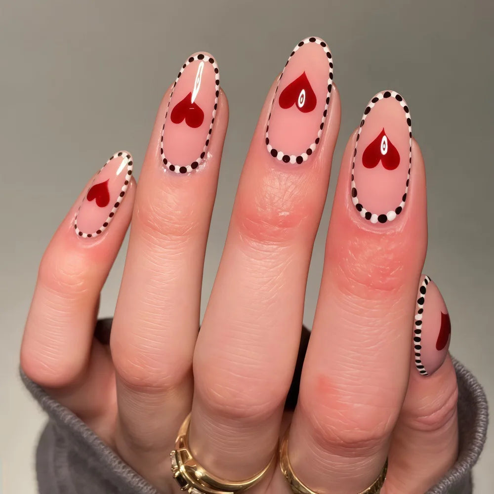 Medium Almond Fake Nails for Women Girls Red Pink Heart with Polka Dots Design for Valentine's Day Manicure Press On False Nail
