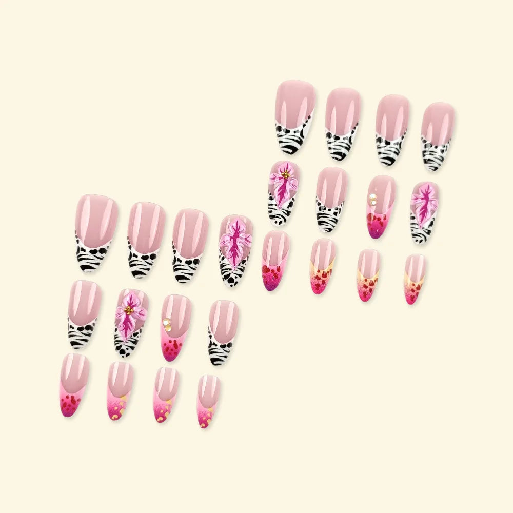 Medium long fake nails for women gilrs 3D flowers with leopard print gradietn pink nude square almond nail tips press on nails