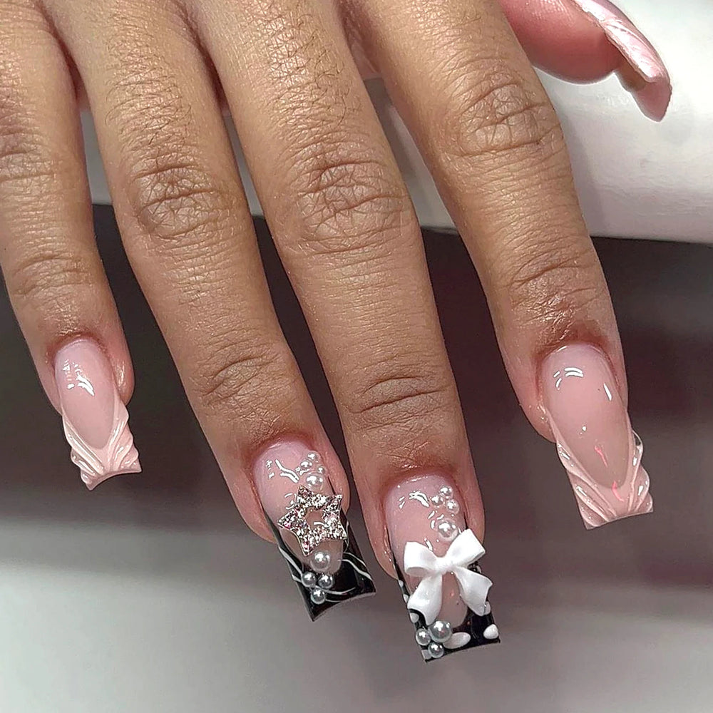 Nude Pink 3D Bow French Press-On Nails – Long Square, 24 Pcs