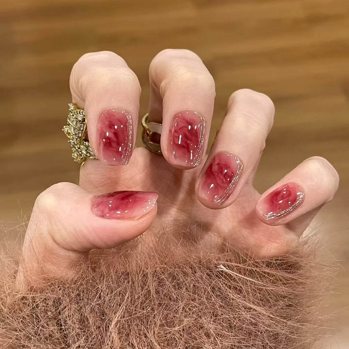 Short Square Cat Eye fake Nail Tips Red Wine Yellow Brown Gradient Press-On false Nails for Women girls full Covers Nail set
