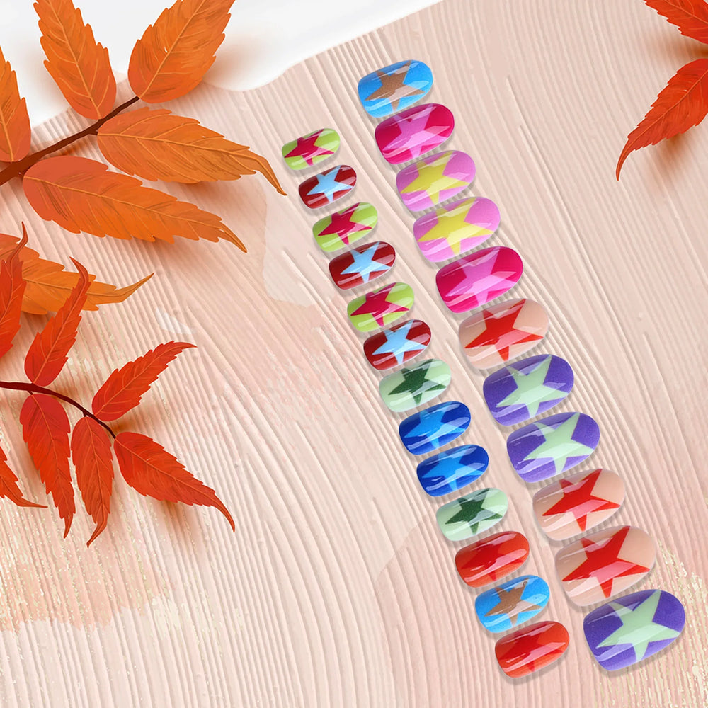 Dopamine Color Star 3D Press-On Nails – Short Square, 24 Pcs