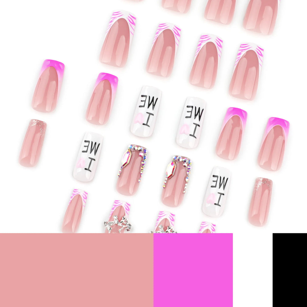Pink Zebra Rhinestone Star French Press-On Nails – Long Square, 24 Pcs
