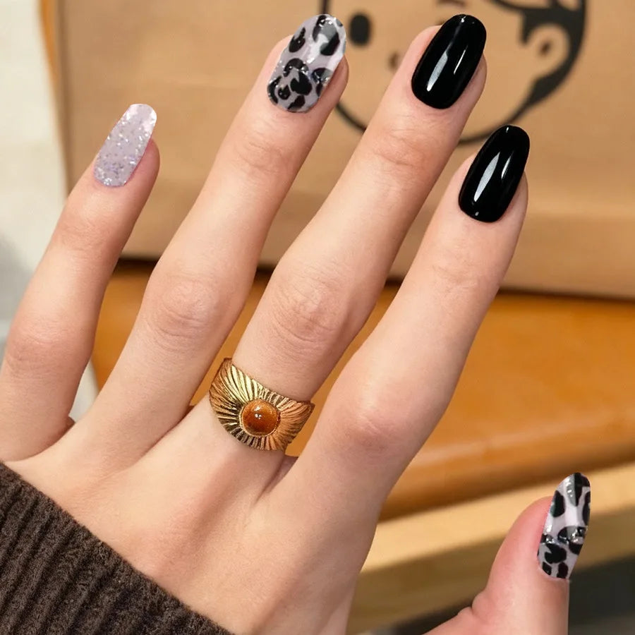 24pcs/set glitter leopard fake nails in wine red black brown nude glossy short square full cover nail tips press on false nail