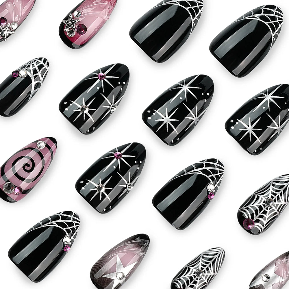 Black & Purple Spider Web Punk Press-On Nails – Almond, 24 Pcs