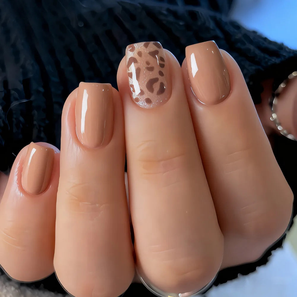 24pcs/set glitter leopard fake nails in wine red black brown nude glossy short square full cover nail tips press on false nail