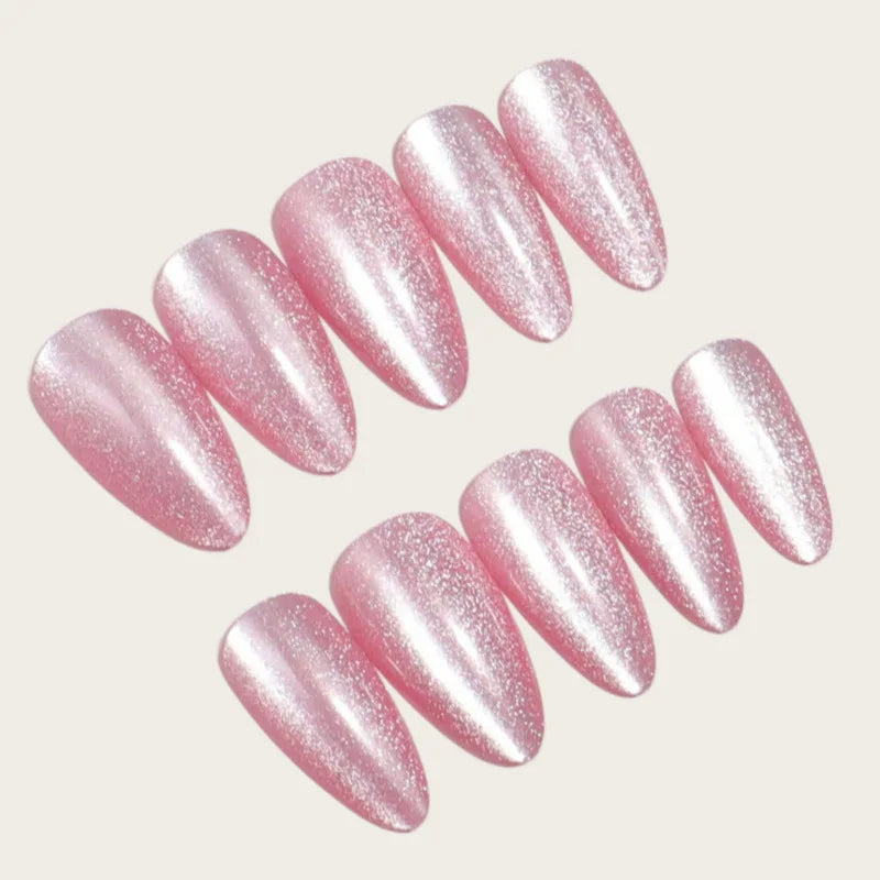 24pcs/set fake nails for women girl light pink cat eyes glossy sparkling shimmer nail tips almond shape full cover press on nail