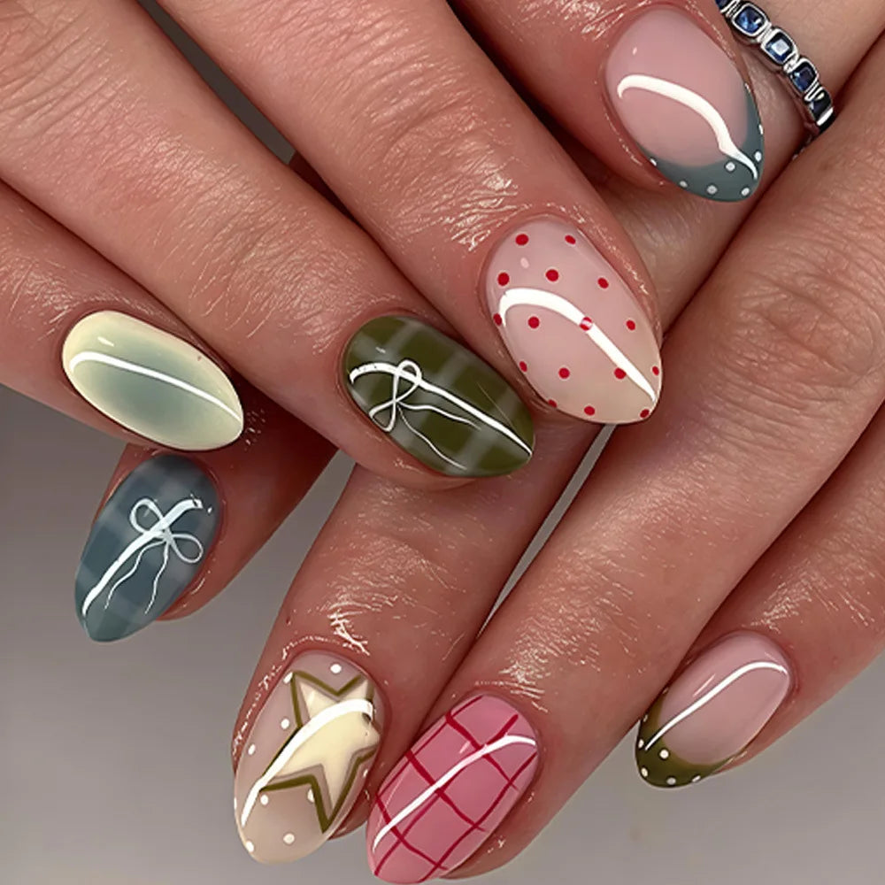 Star & Stripe Blush Y2K Press-On Nails – Short Almond, 24 Pcs