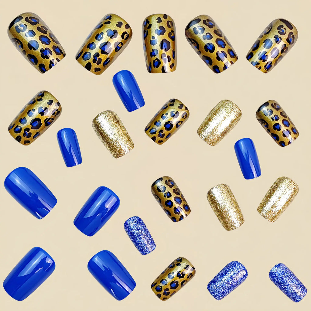 24pcs/set Short Medium fake nails for women dark blue yellow golden colors leopard print Square shape press on false nail art