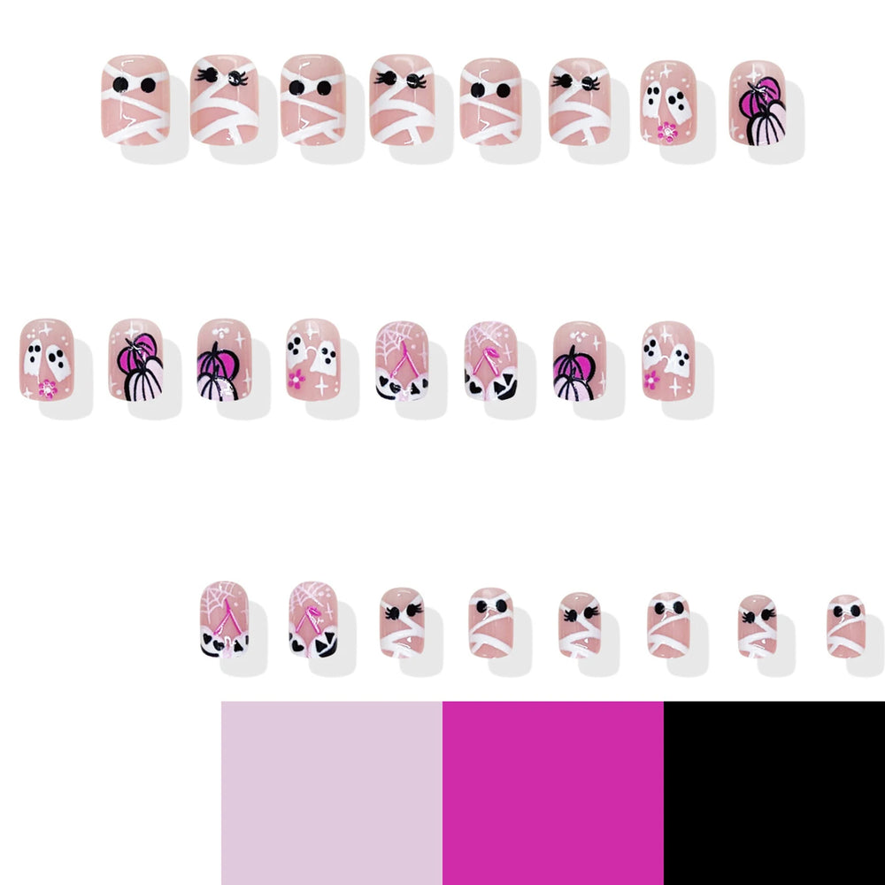 Pink Ghost & Pumpkin French Tip Press-On Nails – Short Square, 24 Pcs